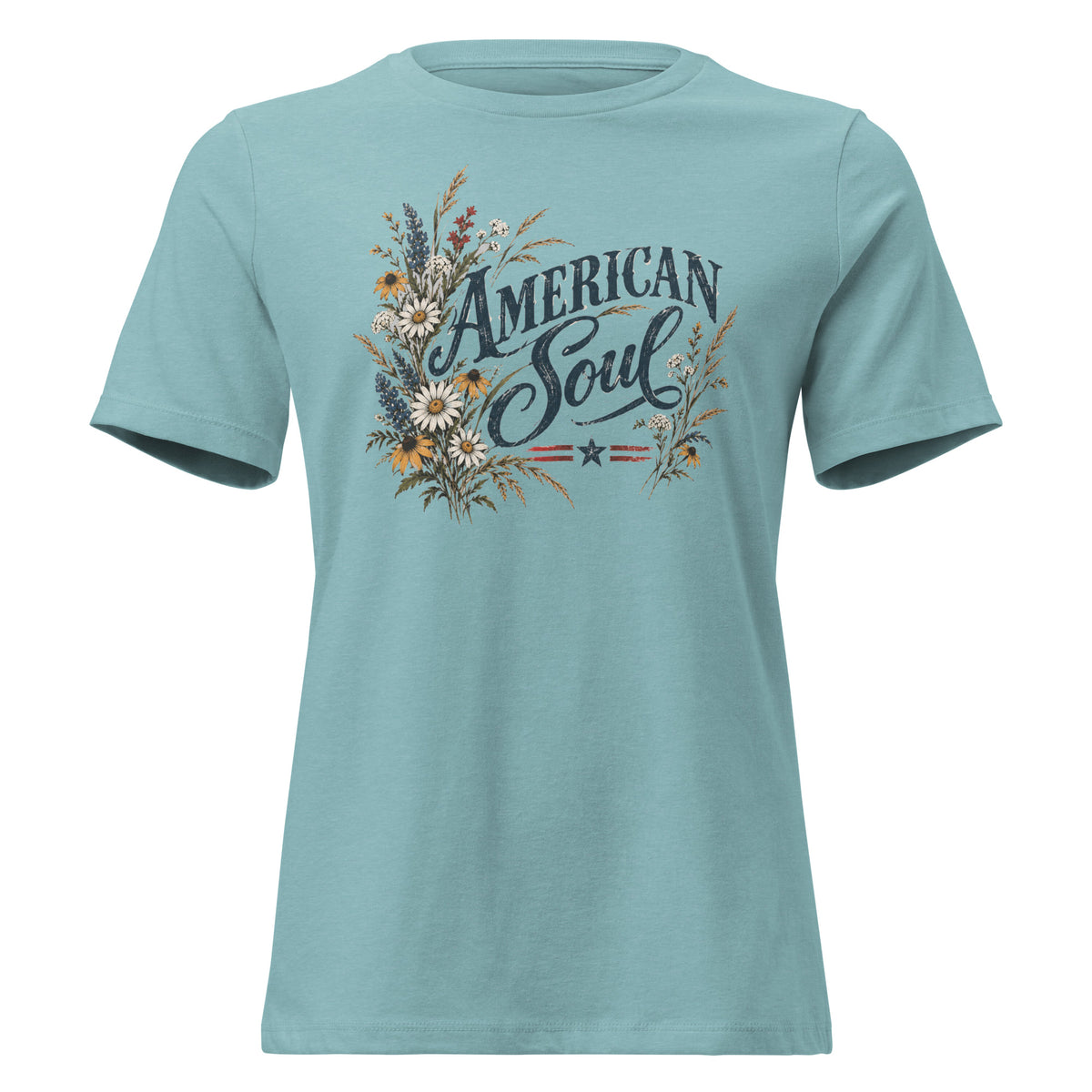blue women's shirt with a wildflower graphic to the left of the text "American soul"
