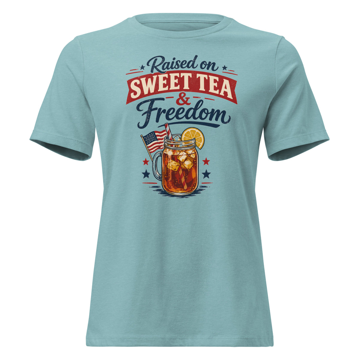 women's blue t-shirt that says "raised on sweet tea and freedom" with American flag and cartoon tea mason jar