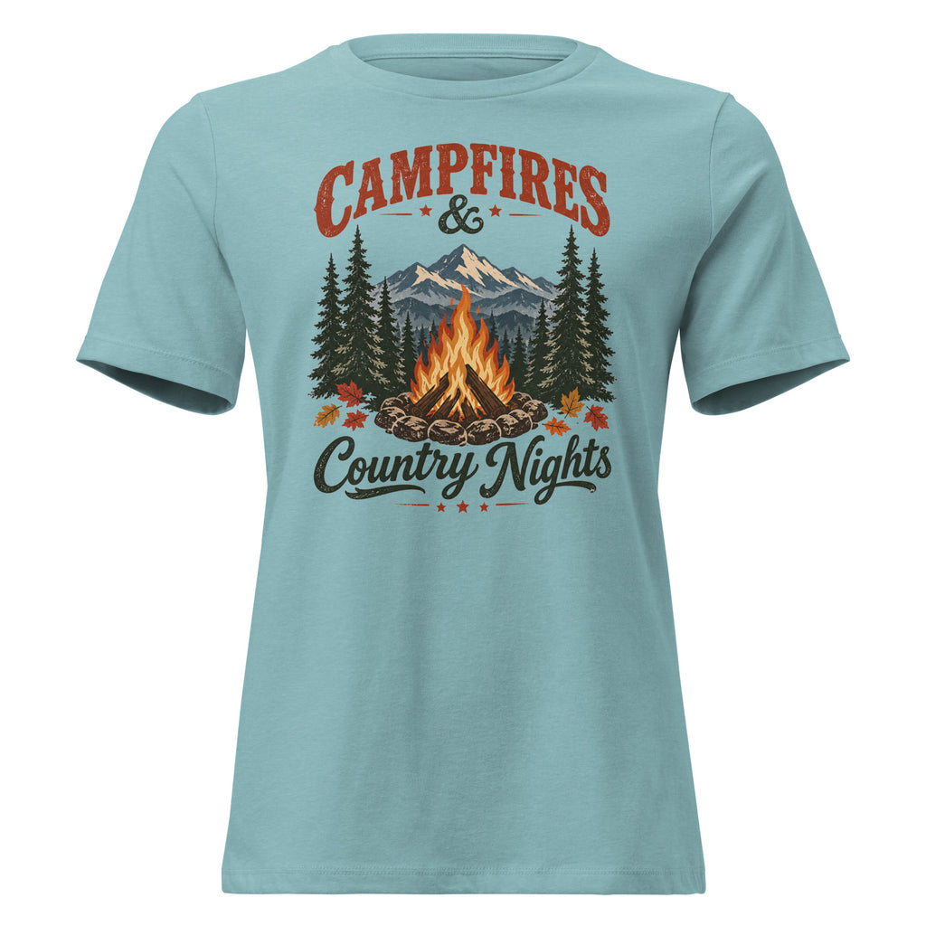 women's blue t-shirt with wooded camping area graphic that says "Campfires & Country Nights"