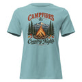 women's blue t-shirt with wooded camping area graphic that says "Campfires & Country Nights"