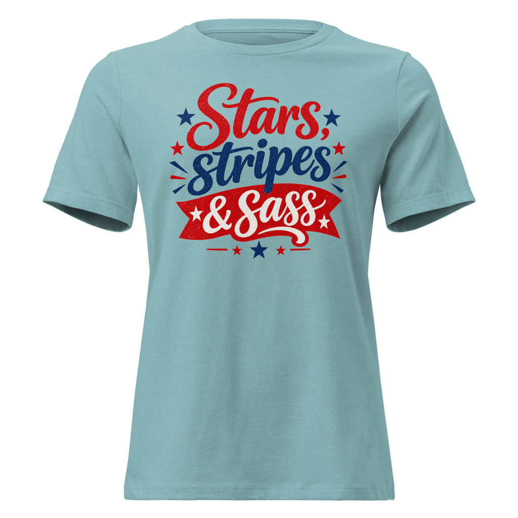 blue women's t-shirt that says "Stars, stripes & sass" in large lettering with red and blue star accents