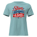 blue women's t-shirt that says "Stars, stripes & sass" in large lettering with red and blue star accents