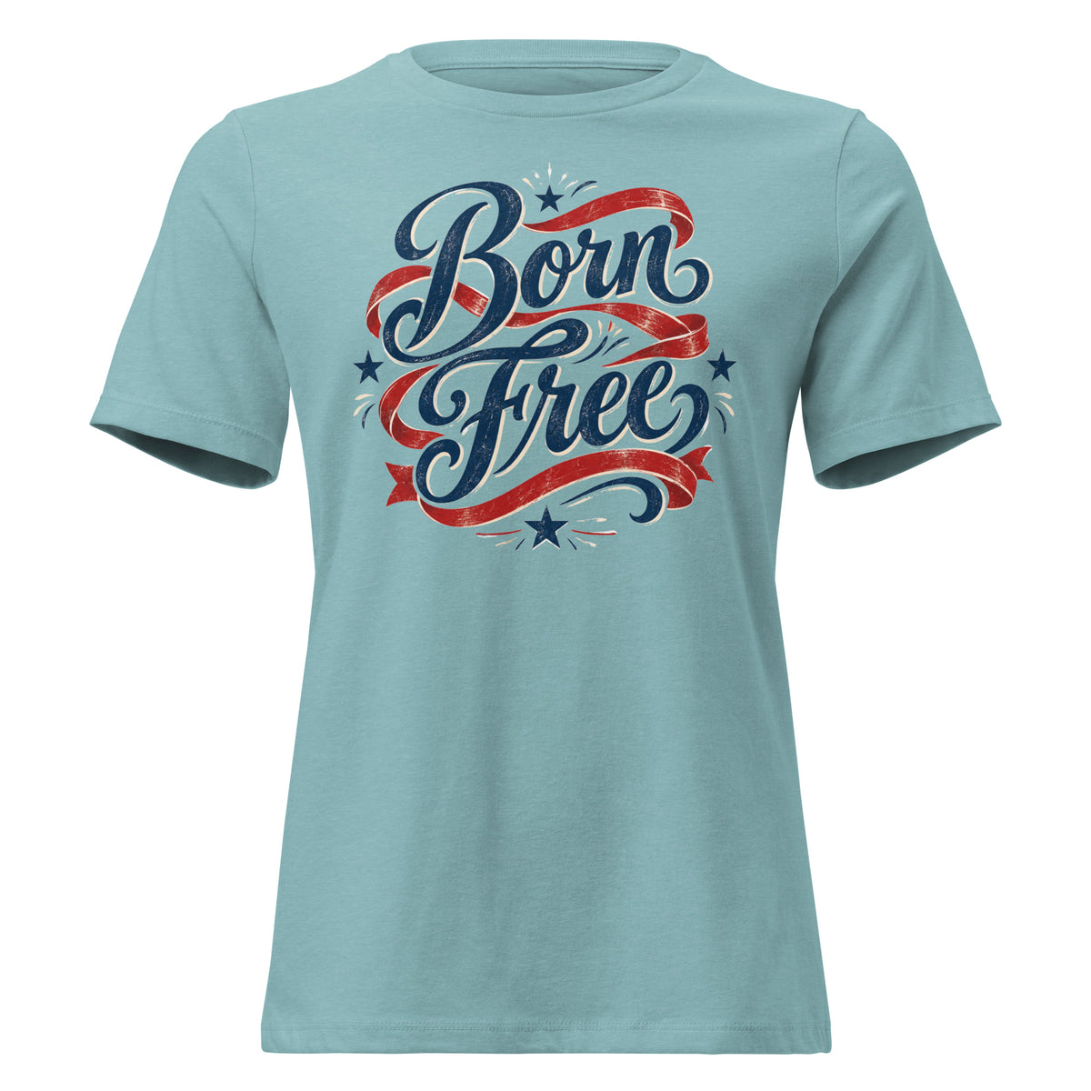 blue women's shirt with Born Free in scripted lettering and a red ribbon lacing around the words