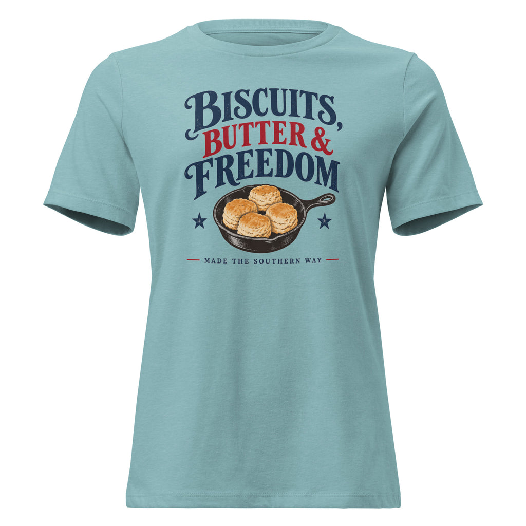 women's blue t-shirt with cast iron skillet with biscuits in it that says "Biscuits, butter & Freedom"