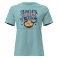 women's blue t-shirt with cast iron skillet with biscuits in it that says "Biscuits, butter & Freedom"