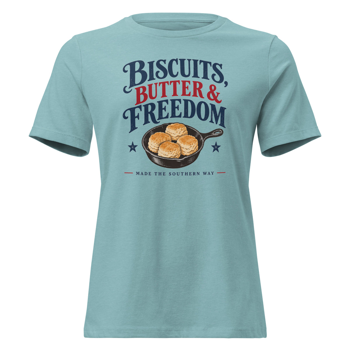 women's blue t-shirt with cast iron skillet with biscuits in it that says "Biscuits, butter & Freedom"