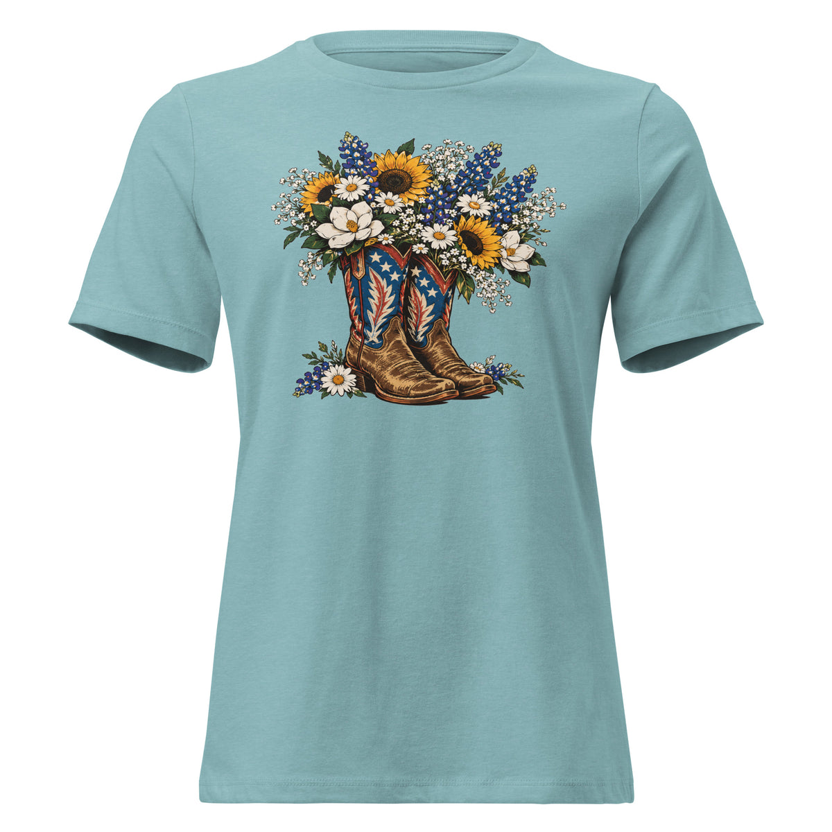blue women's t-shirt with red, white, blue cowgirl boots graphic with wildflowers coming out of it