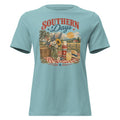 blue women's t-shirt with red, white, blue southern picnic spread graphic, with Southern days across the top