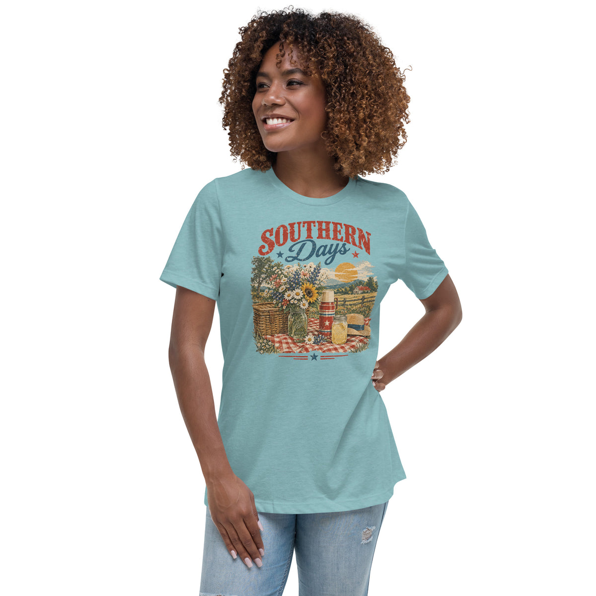 blue women's t-shirt with red, white, blue southern picnic spread graphic, with Southern days across the top