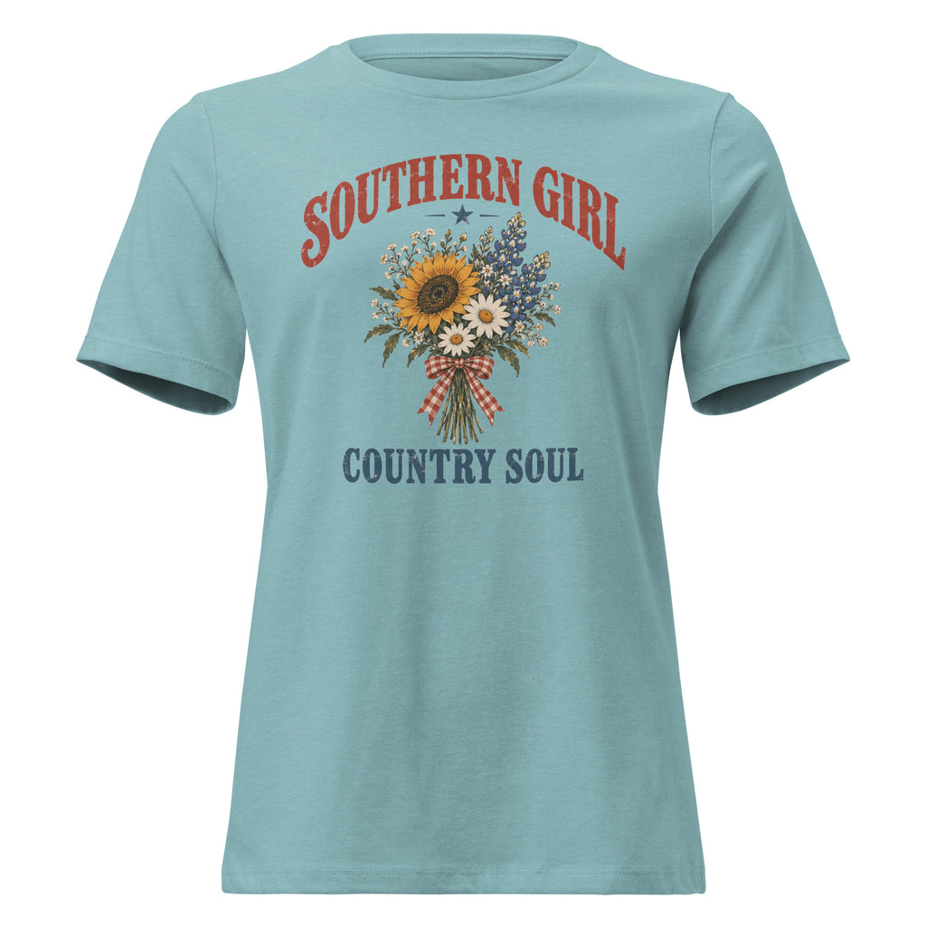 blue women's t-shirt with Southern girl country soul written above and below a simple wildflower bouquet