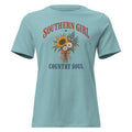 blue women's t-shirt with Southern girl country soul written above and below a simple wildflower bouquet