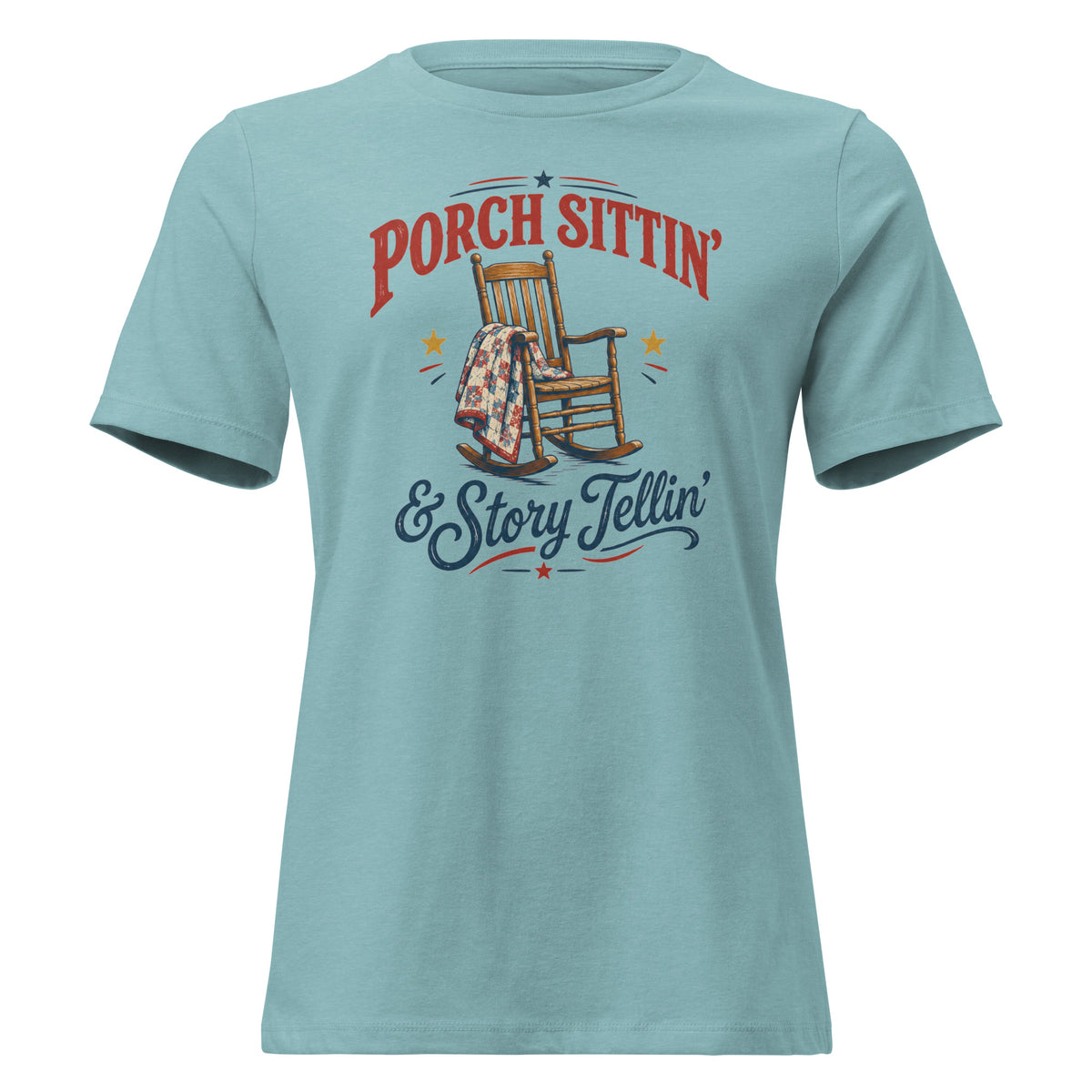 blue women's t-shirt with rocking chair graphic that says "Porch sittin & Story tellin" in southern country vibe
