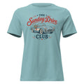blue women's t-shirt with vintage car graphic that says "the sunday drive club" 