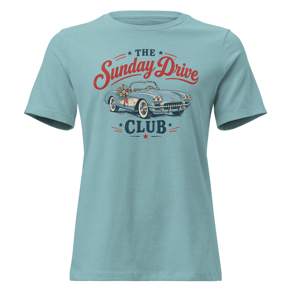 blue women's t-shirt with vintage car graphic that says "the sunday drive club" 