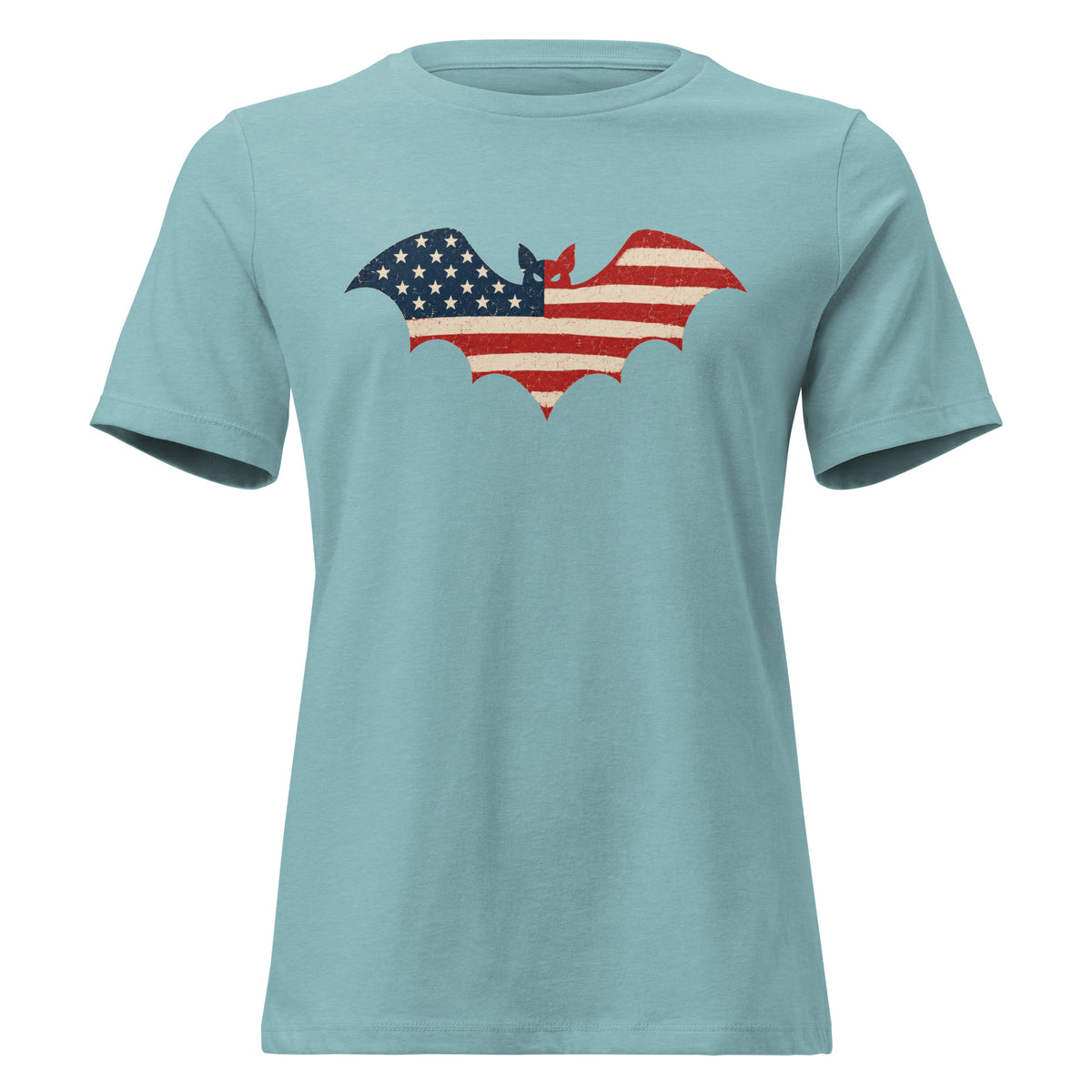 women's blue t-shirt for Halloween with a simple bat silhouette filled with vintage American flag