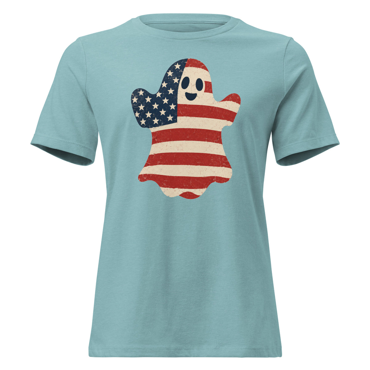 women's blue t-shirt for Halloween with a simple ghost silhouette filled with vintage American flag
