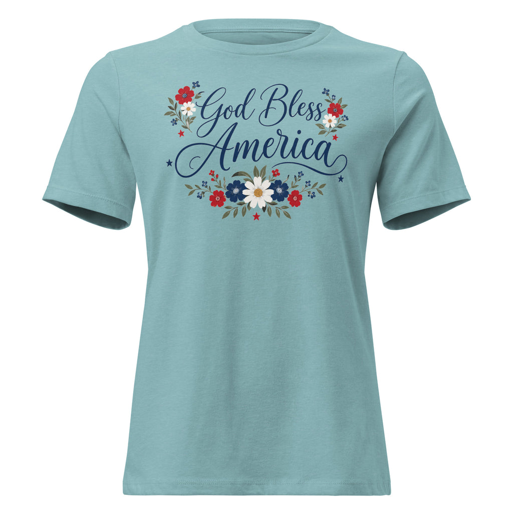 blue women's t-shirt with red, white and blue florals and God Bless America written in cursive flowing script