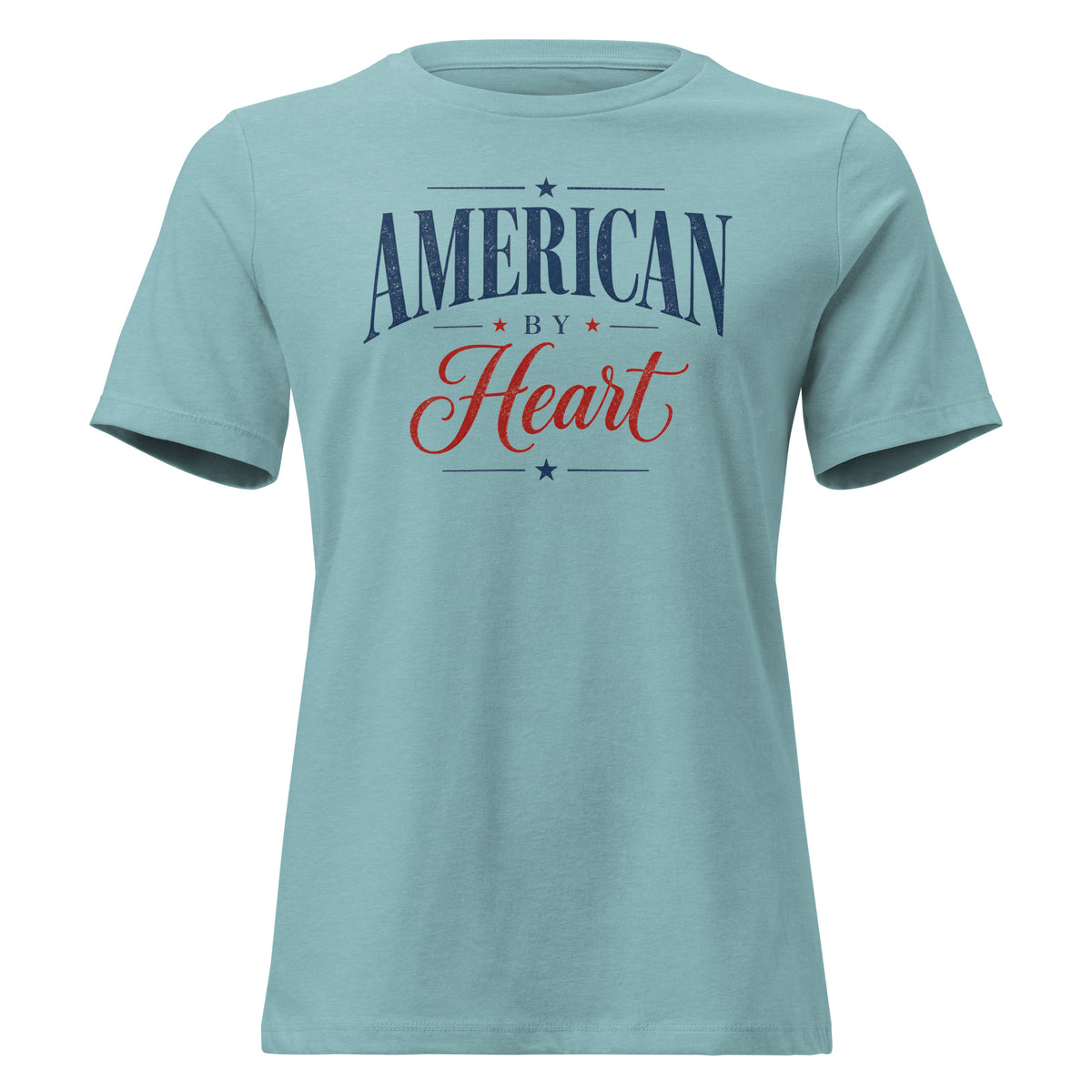 women's blue t-shirt with lettering that says "American by Heart" and small red and blue star accents