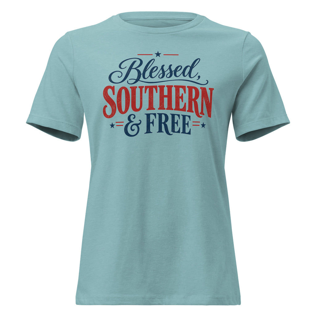 women's blue t-shirt with "blessed, southern and free" written in large lettering as main focal point with small star accents