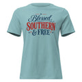women's blue t-shirt with "blessed, southern and free" written in large lettering as main focal point with small star accents