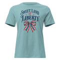 blue women's t-shirt with sweet land of liberty text written above a red, white and blue boutique bow