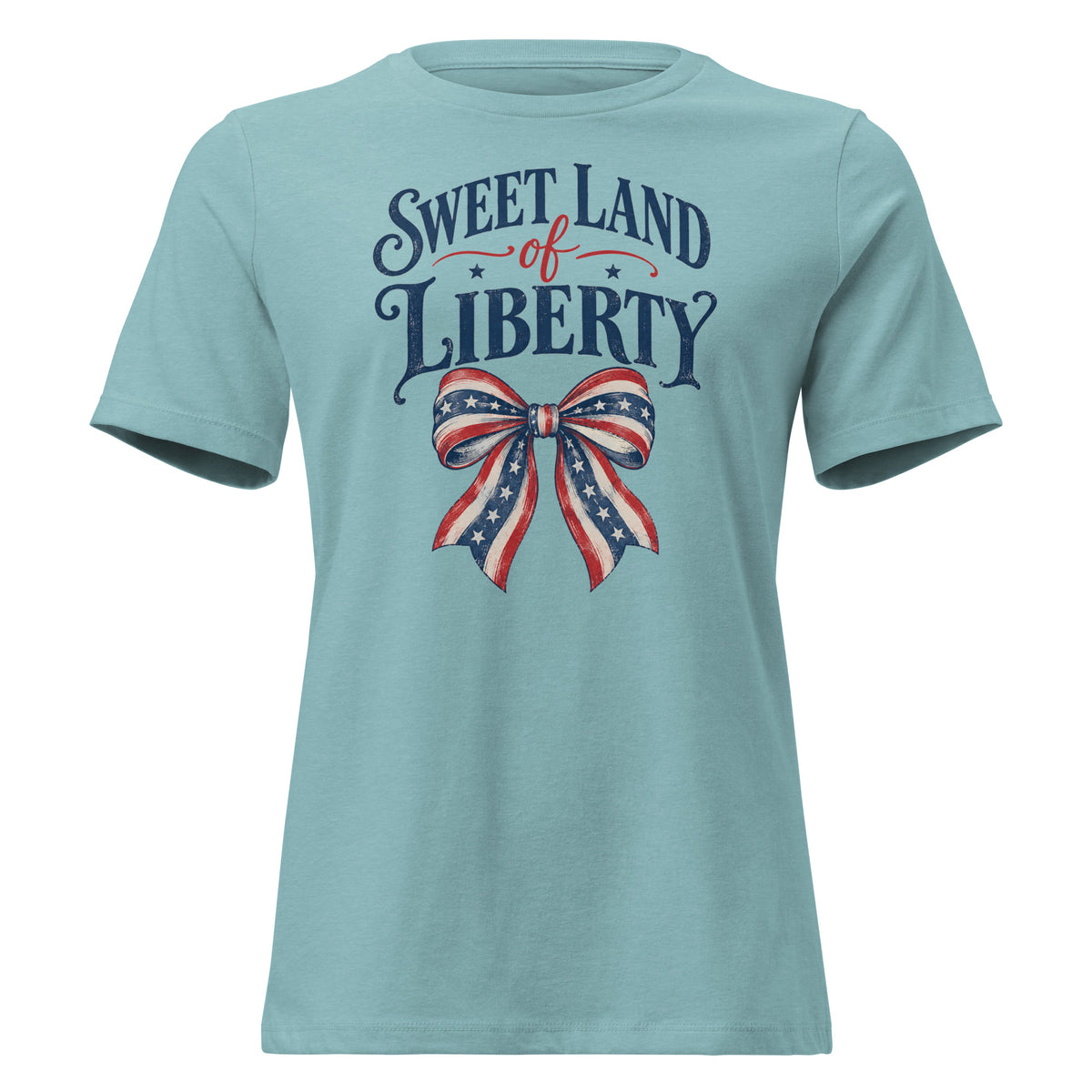 blue women's t-shirt with sweet land of liberty text written above a red, white and blue boutique bow
