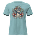 women's blue t-shirt with lady liberty inspired graphic with florals and Liberty written across the bottom