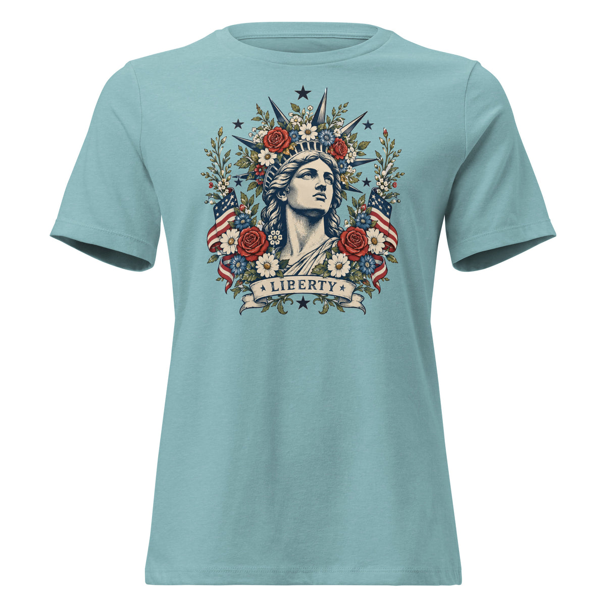 women's blue t-shirt with lady liberty inspired graphic with florals and Liberty written across the bottom
