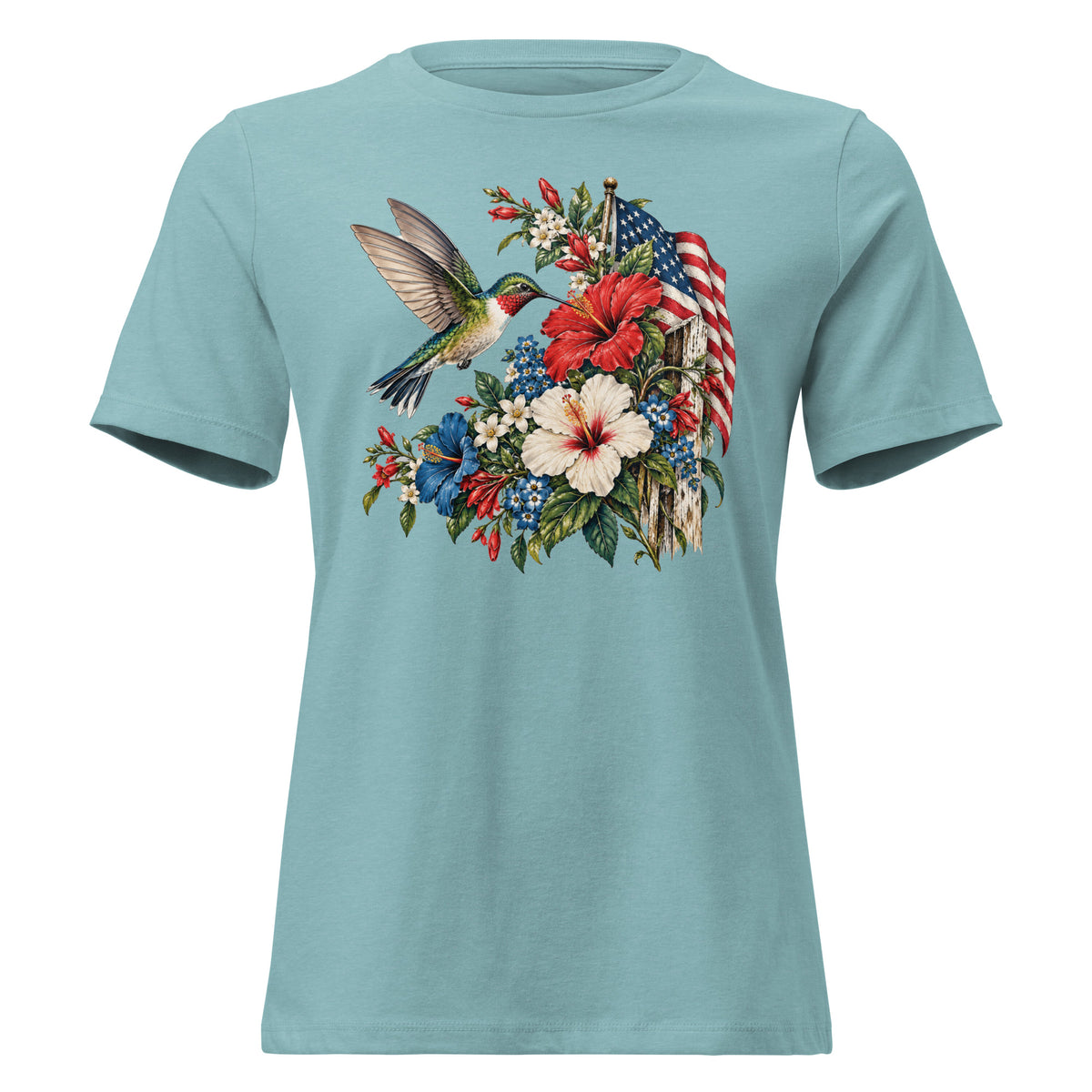 women's blue t-shirt with floral graphic and an American flag with a hummingbird