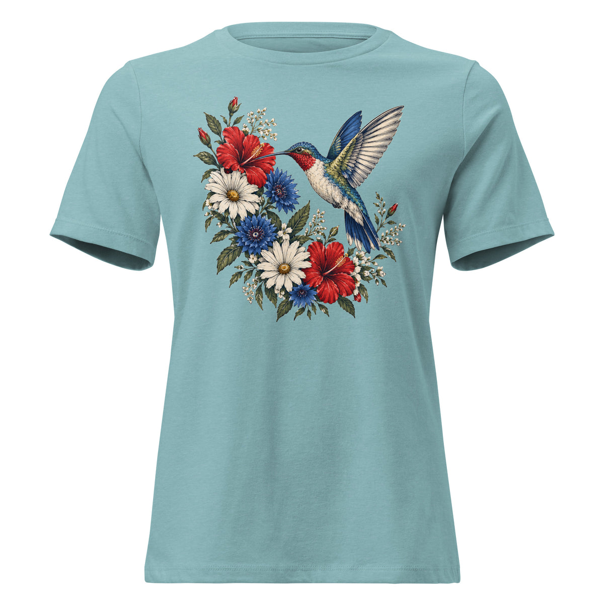 women's blue t-shirt with red, white and blue floral graphic and a hummingbird