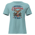 women's blue Christmas t-shirt with a reindeer head with Christmas lights, and says " Merry Christmas Y'all"