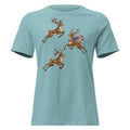 blue women's t-shirt with reindeer jumping graphic, and each has red white and blue lights/scarves