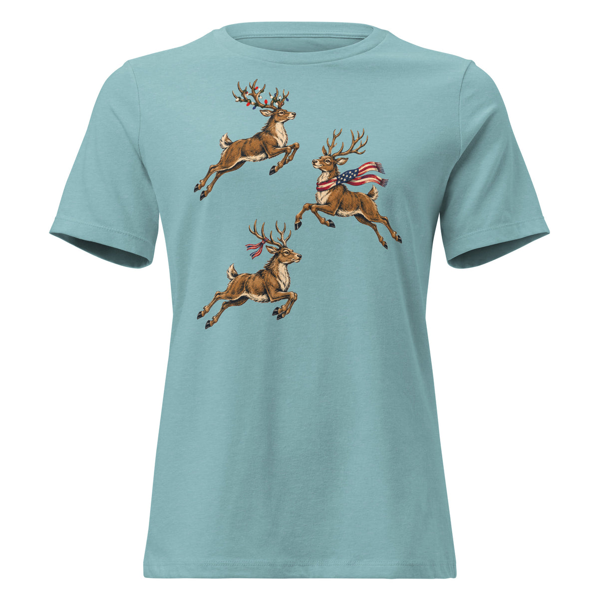 blue women's t-shirt with reindeer jumping graphic, and each has red white and blue lights/scarves