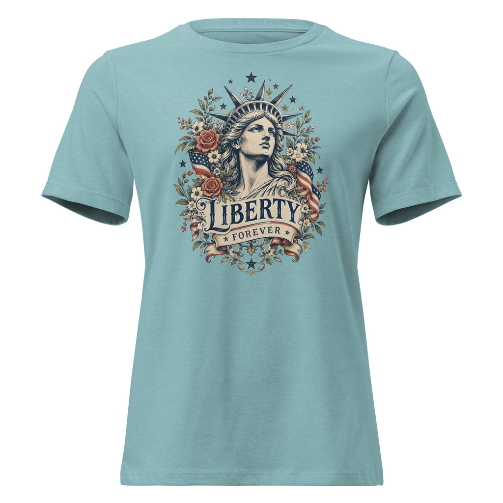 women's blue t-shirt with lady liberty and floral design surrounding with "liberty forever" written below 