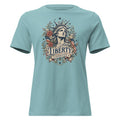 women's blue t-shirt with lady liberty and floral design surrounding with "liberty forever" written below 