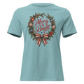 women's blue Christmas t-shirt with a wreath and bow that says "merry and bright" with red and blue accents