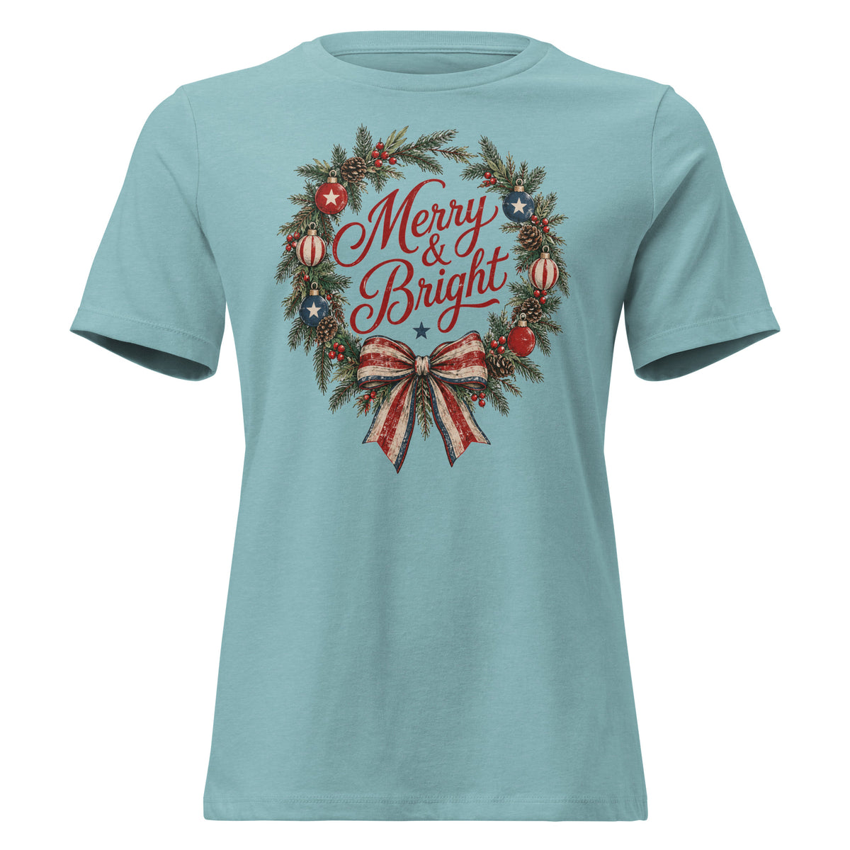 women's blue Christmas t-shirt with a wreath and bow that says "merry and bright" with red and blue accents
