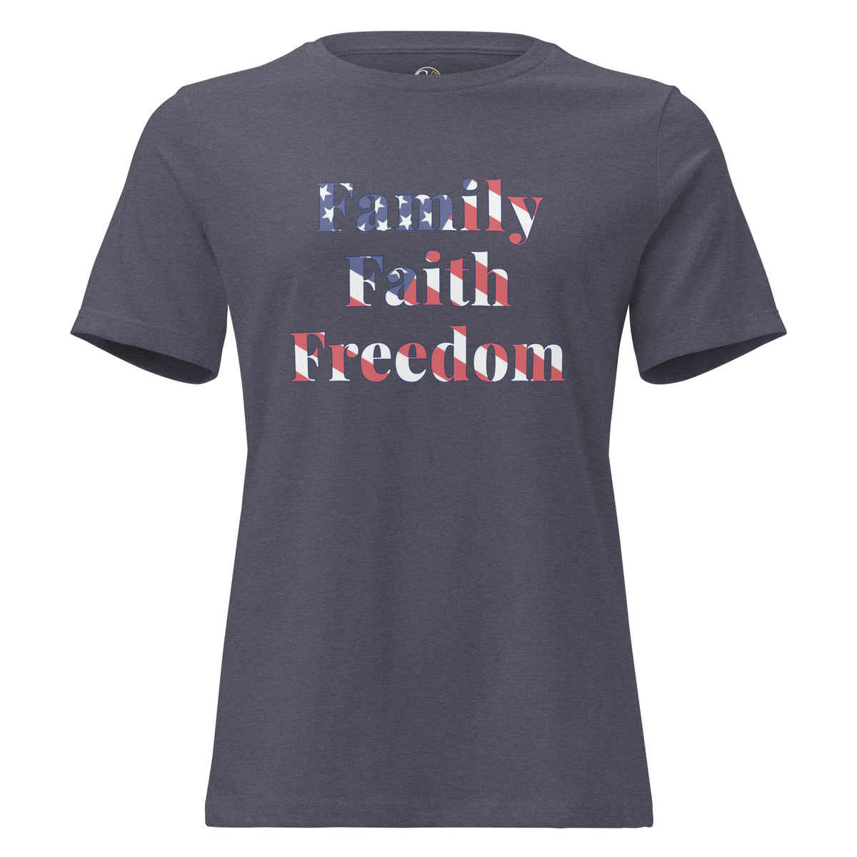women's grey t-shirt with Family Faith Freedom with American flag overlay