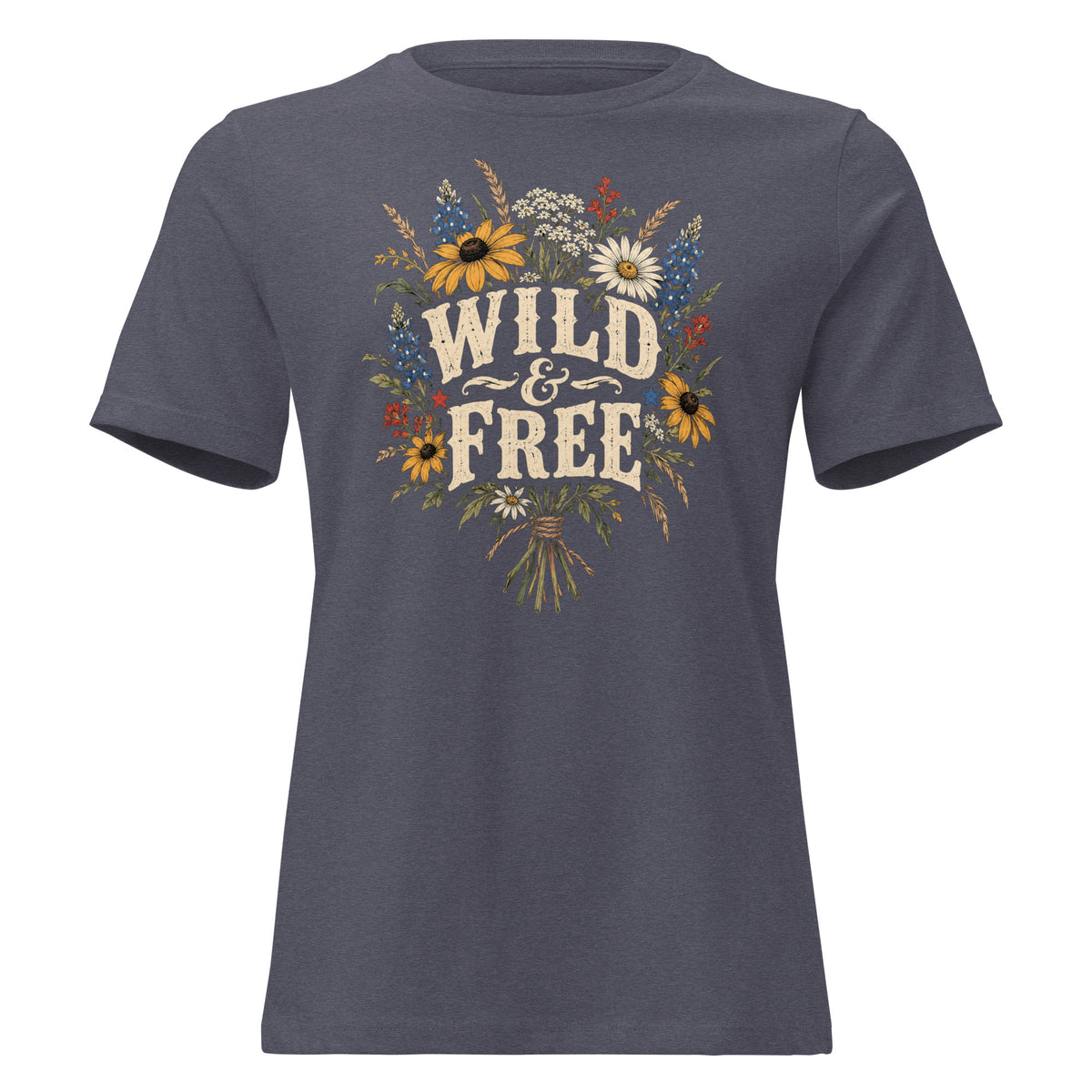 gray women's shirt with a wildflower bouquet behind the text "wild & free"