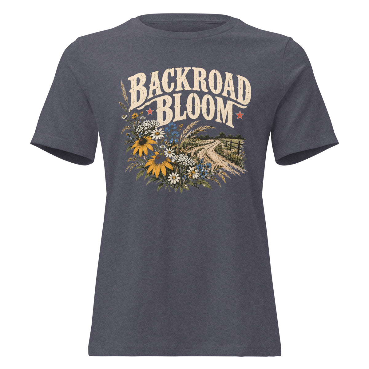 gray women's shirt with a wildflower graphic and dirt road below the text "backroad bloom"