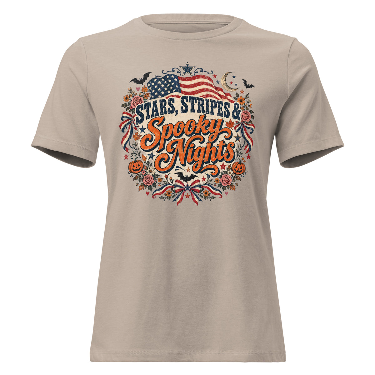grey shirt with circular focal point that says "Stars, stripes & Spooky nights", with American flag, flowers, bats, and Halloween accents around