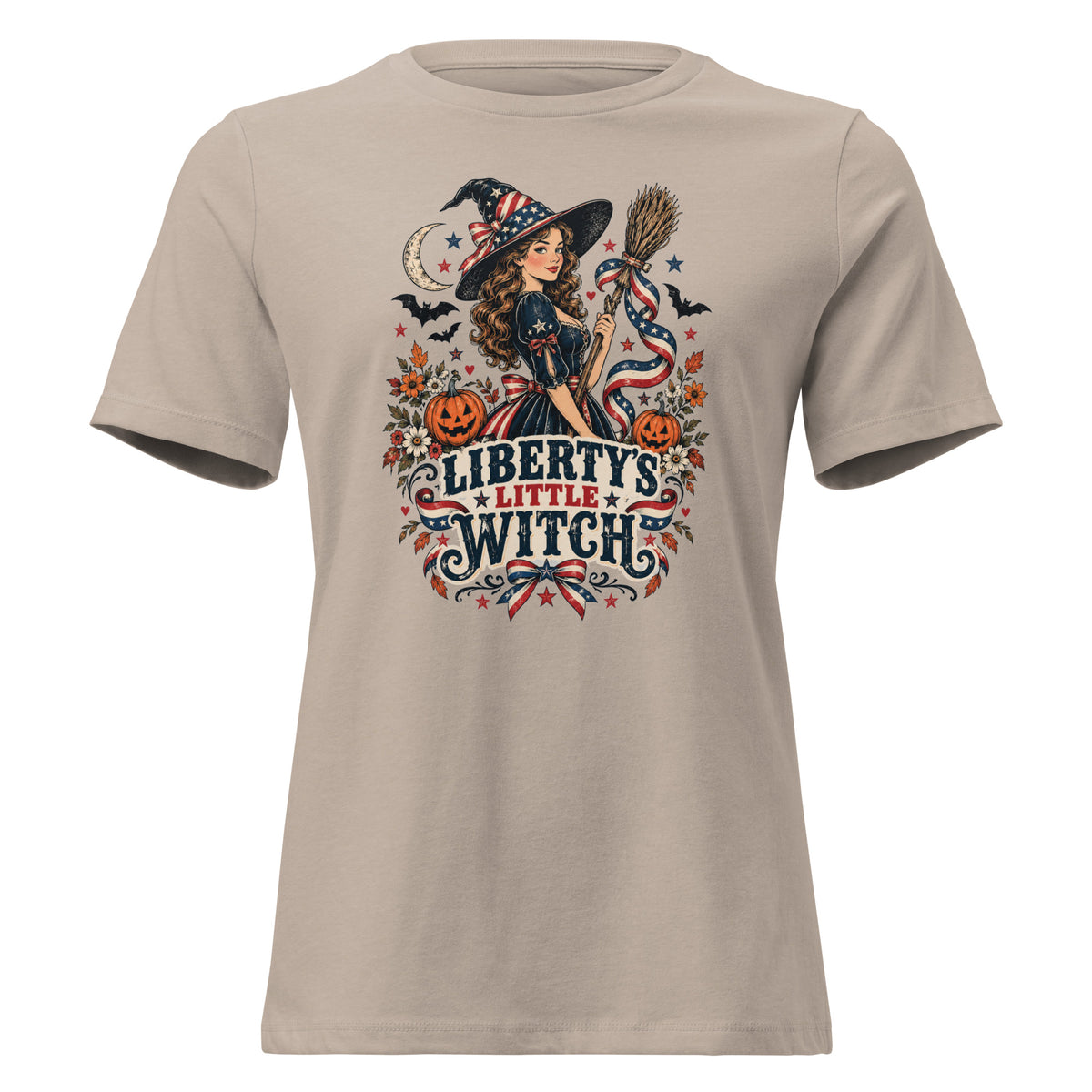 grey women's shirt with American theme witch, and halloween/fall inspired small icons with text saying "Liberty's Little Witch"