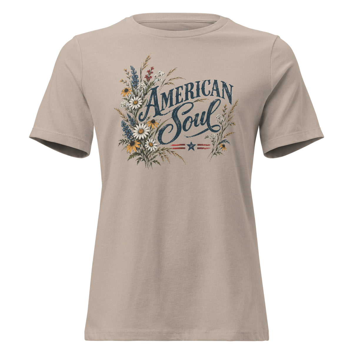 tan women's shirt with a wildflower graphic to the left of the text "American soul"