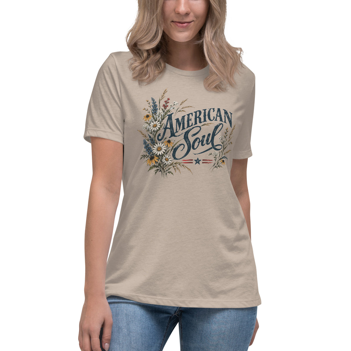 tan women's shirt with a wildflower graphic to the left of the text "American soul"