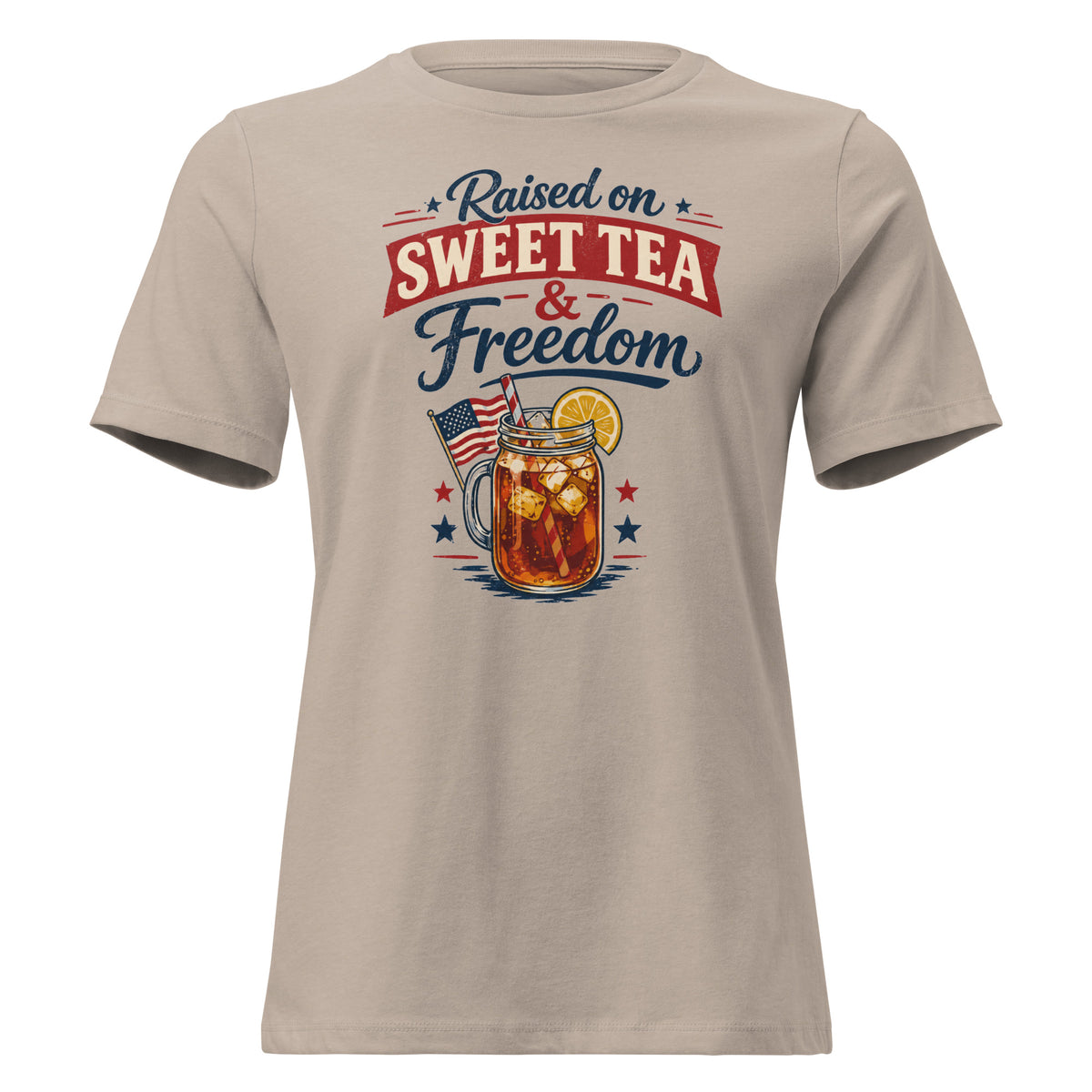 women's tan t-shirt that says "raised on sweet tea and freedom" with American flag and cartoon tea mason jar