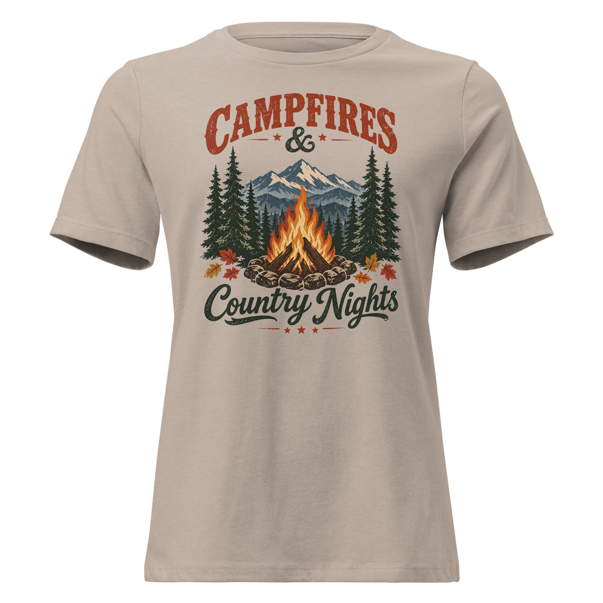 women's tan t-shirt with wooded camping area graphic that says "Campfires & Country Nights"