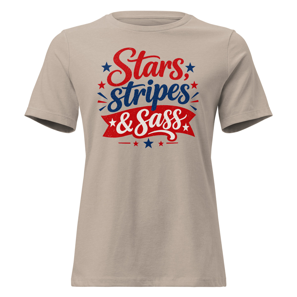 tan women's t-shirt that says "Stars, stripes & sass" in large lettering with red and blue star accents