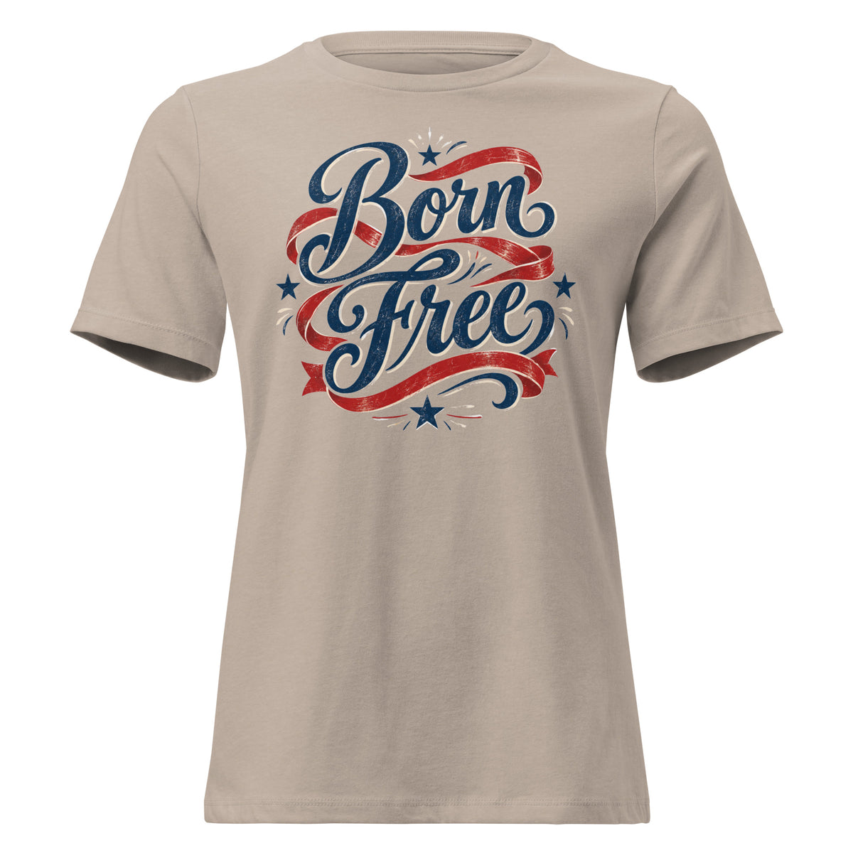 tan women's shirt with Born Free in scripted lettering and a red ribbon lacing around the words