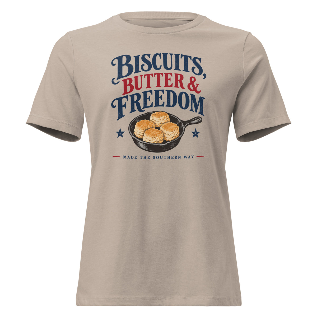women's tan t-shirt with cast iron skillet with biscuits in it that says "Biscuits, butter & Freedom"