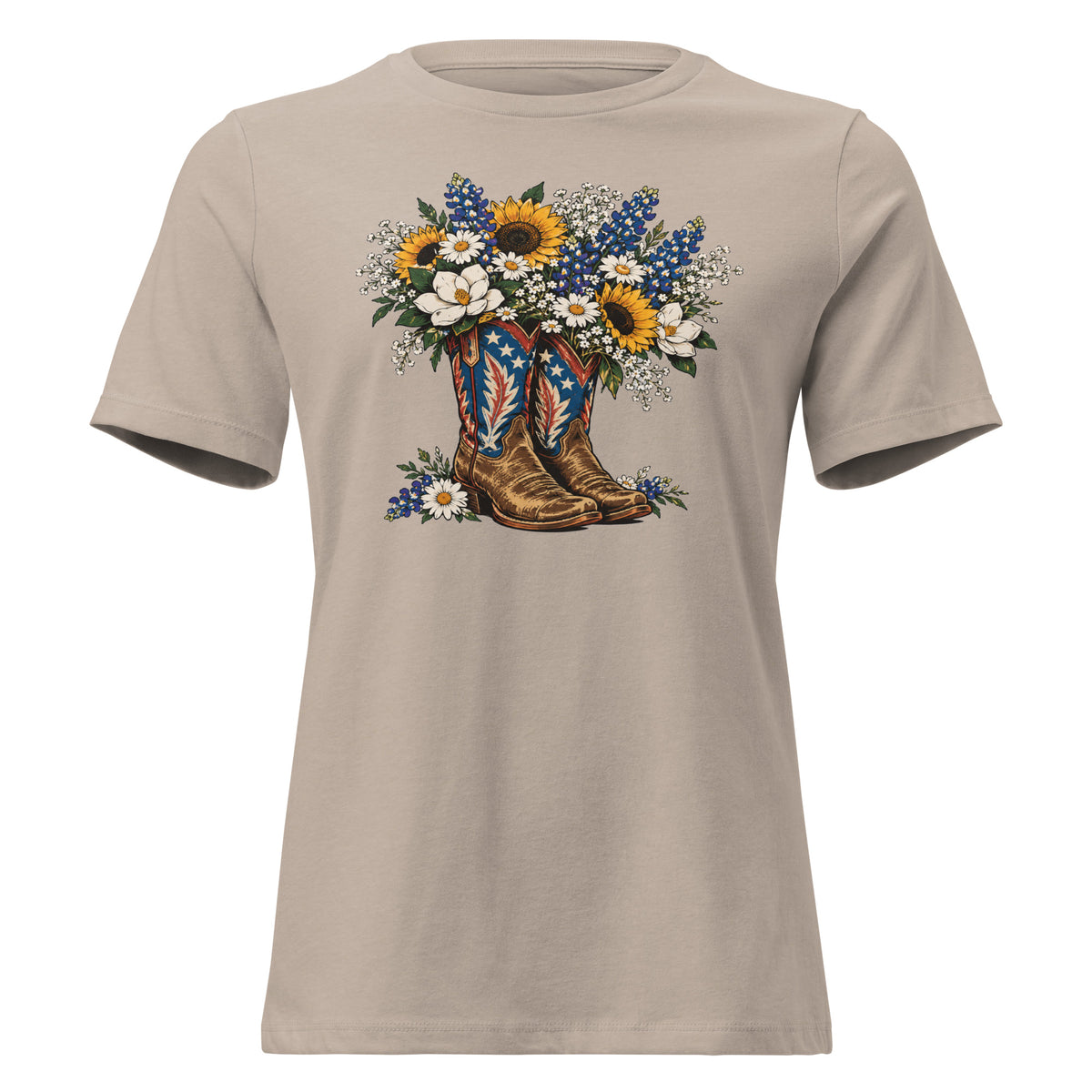tan women's t-shirt with red, white, blue cowgirl boots graphic with wildflowers coming out of it